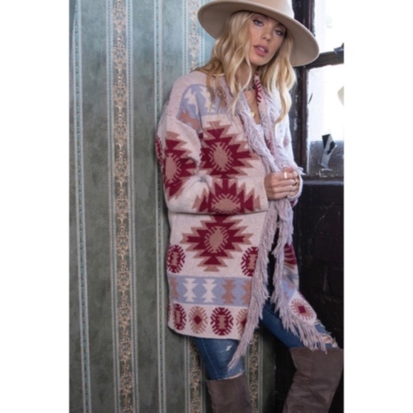 SOLD OUT Berry Aztec Western Tribal Pattern Open Front Fringe Cardigan Sweater - Picture 5 of 8